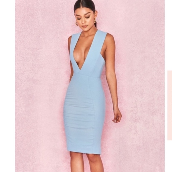 House Of CB, 'Selma' Light Blue plunge Crepe Dress, Size Small - NWT - Picture 2 of 12